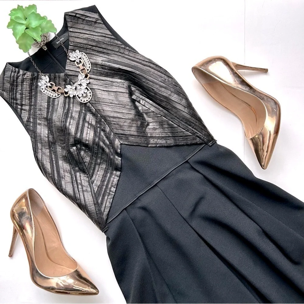 Proenza Schouler Foil Print Pleated Cloque Dress Black Metallic Sleeveless Sz 4